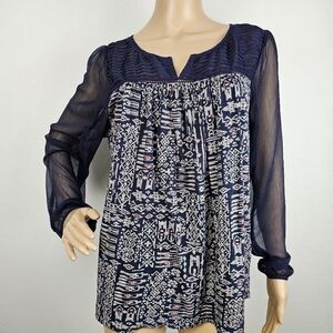 Lucky Brand Tunic Boho Blue Floral Sheer Neck Sleeves Sz L Cottagecore Feminine